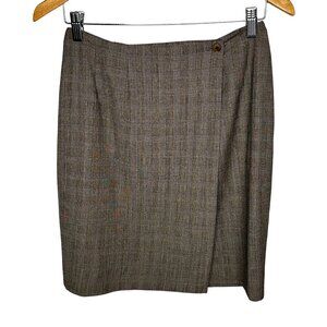 Vintage Italian Wool Wrap Skirt Plaid Brown Gray Medium Borgopinti